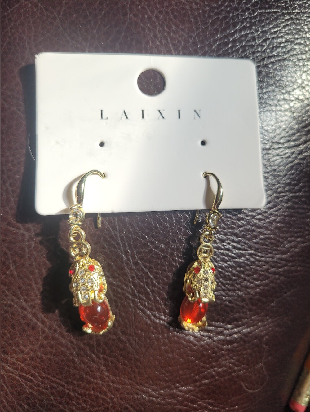 Gold Tone Hoop and Red Drop Earrings ( RC5)